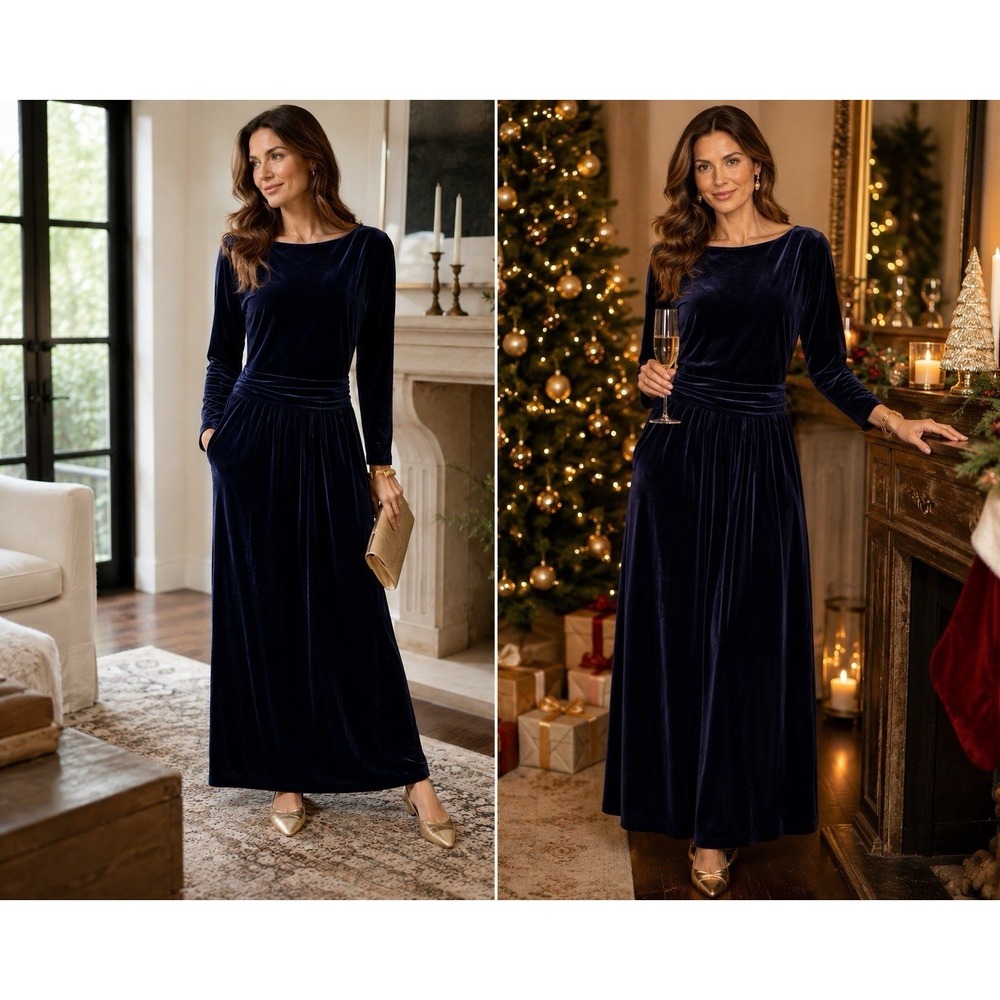 Boden‎ Blue Velvet Maxi Dress US 8 Long Sleeve Boat Neck Ruched Waist Stretch